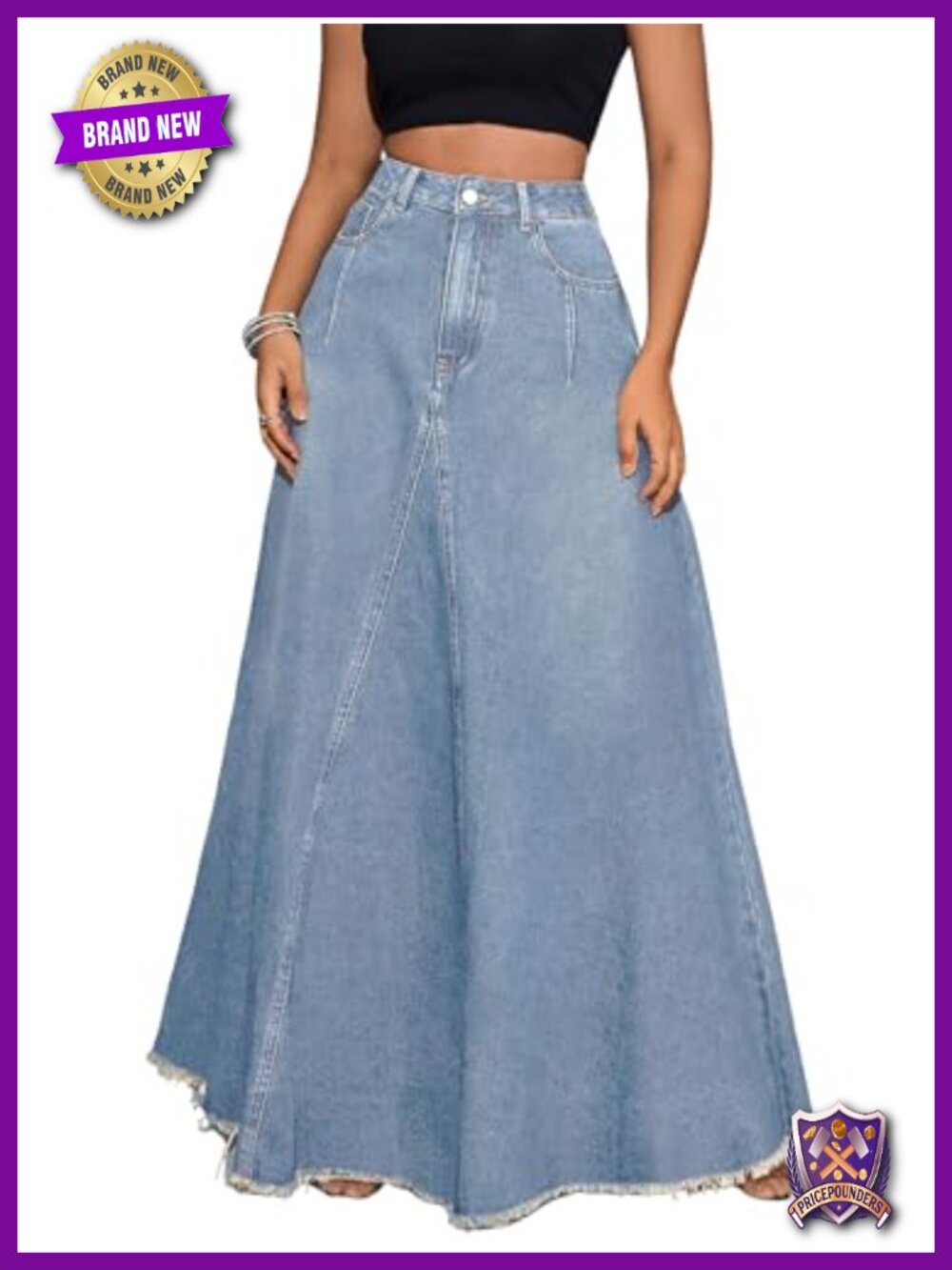 High Waist Frayed Hem A-Line Maxi Denim Skirt with Pockets
